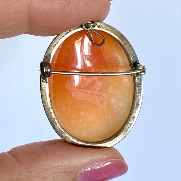 Carved Shell Cameo Grecian Design 925 Sterling Silver Vintage Brooch Pendant - Picture 13 of 16